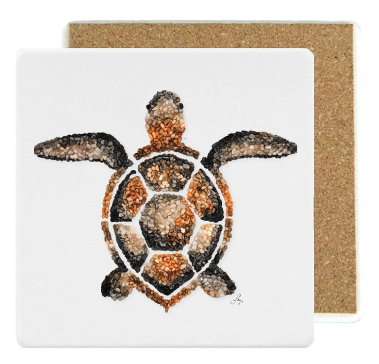 Square Absorbent Ceramic Stone Coaster – "Tide the Sea Turtle" Mosaic Pebble Art Design